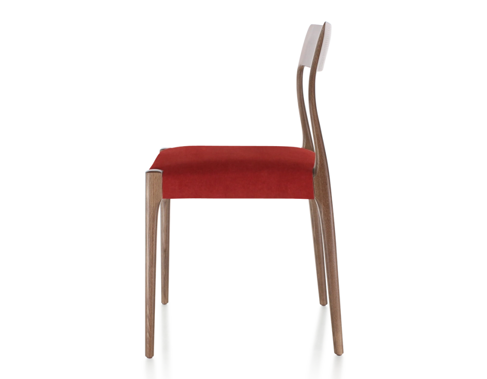 Chaise scandinave bois teinte marron foncé assise tissu bordeaux