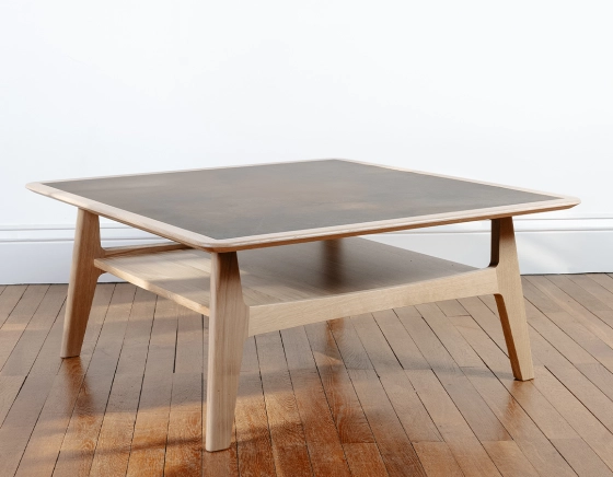 Table basse carrée en chêne et céramique avec bois teinte naturelle plateau céramique brun oxydé 100x100 cm