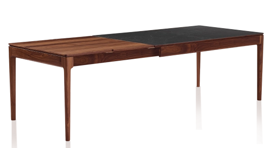 Table extensible 6 à 10 personnes en noyer et céramique allonges bois avec bois teinte naturelle et plateau céramique effet ardoise 160x100 cm