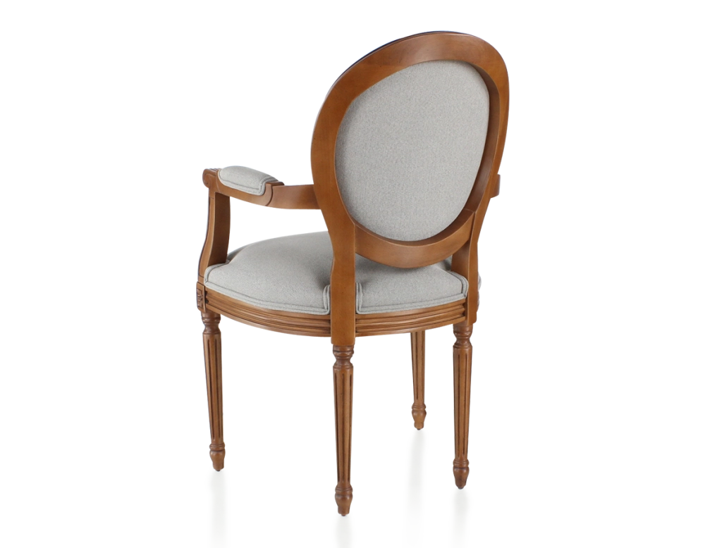 Antique Louis XVI style armchair with armrests wood stained in an antique style and light grey fabric