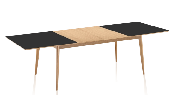 Table extensible 6 à 8 personnes en chêne et céramique allonges bois avec bois teinte naturelle et plateau céramique noir unie 140x90 cm