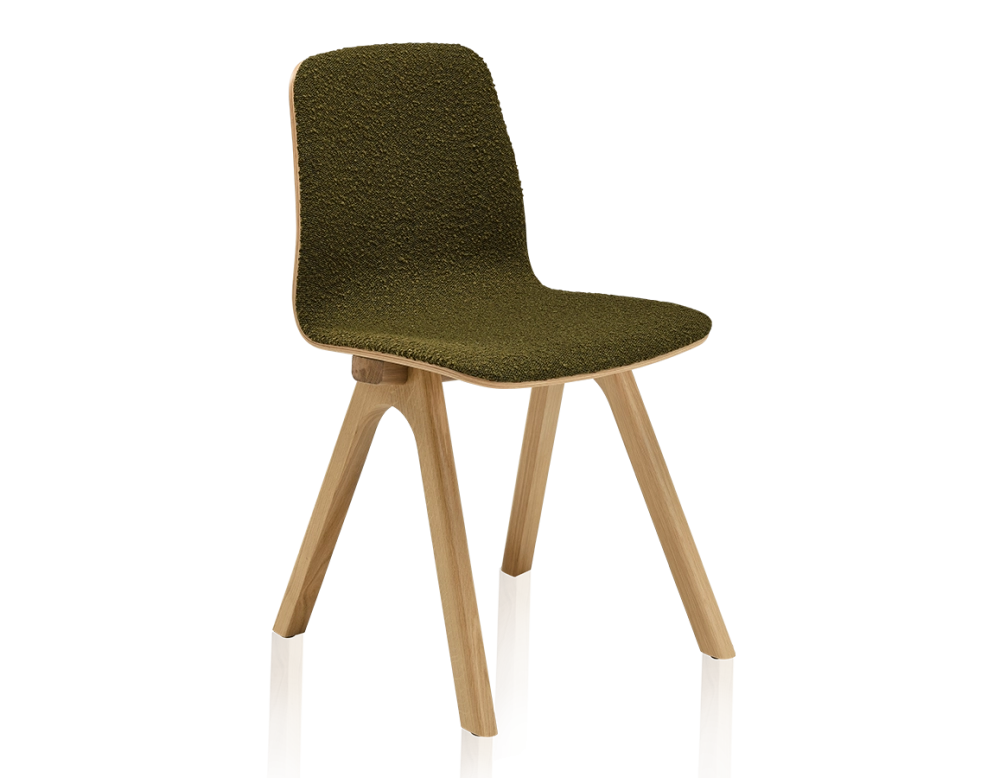 Chaise design en chêne tapissé bois teinte naturelle assise tissu bouclé vert