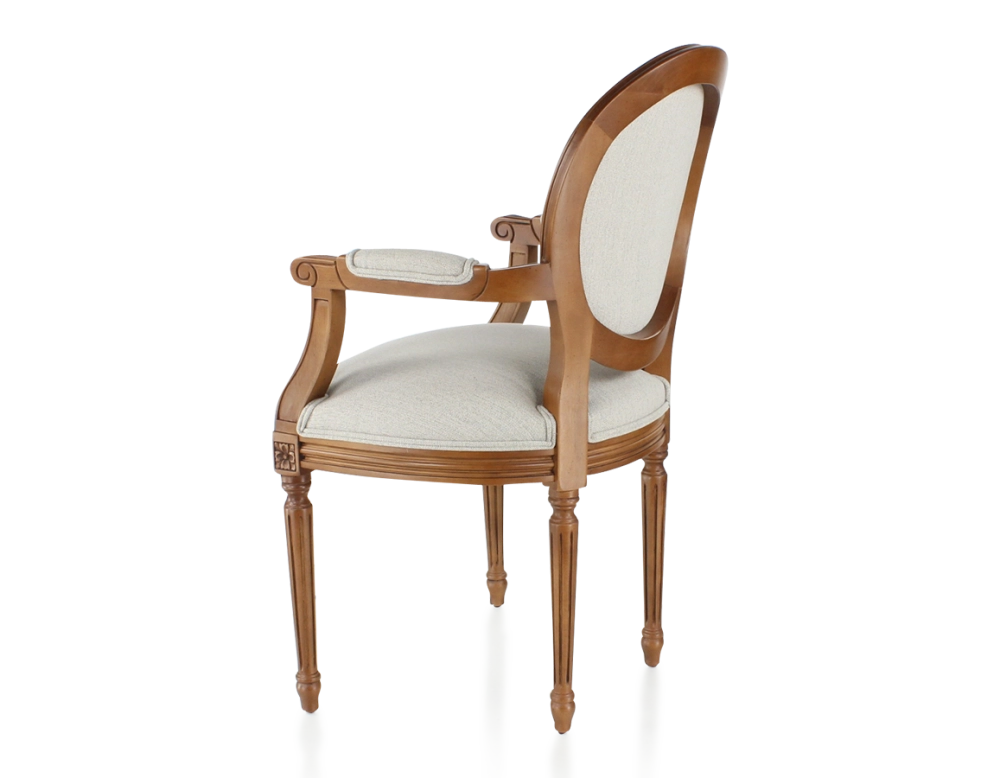 Silla antigua estilo Luis XVI con reposabrazos madera con tinte envejecido y tejido beige natural
