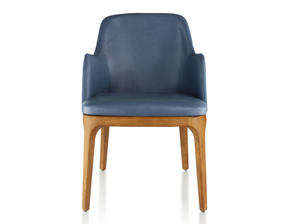 Silla de diseño con reposabrazos madera tinte cerezo y piel azul tormenta