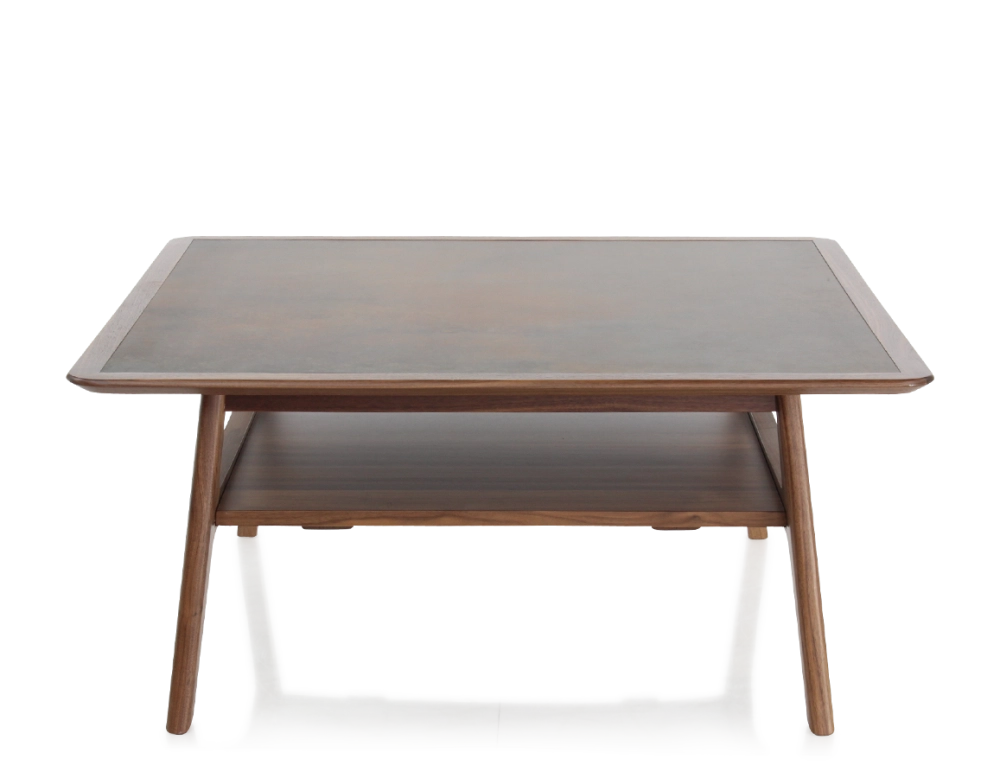 Table basse carré en noyer et céramique bois teinte naturelle plateau céramique brun oxydé 100x100 cm