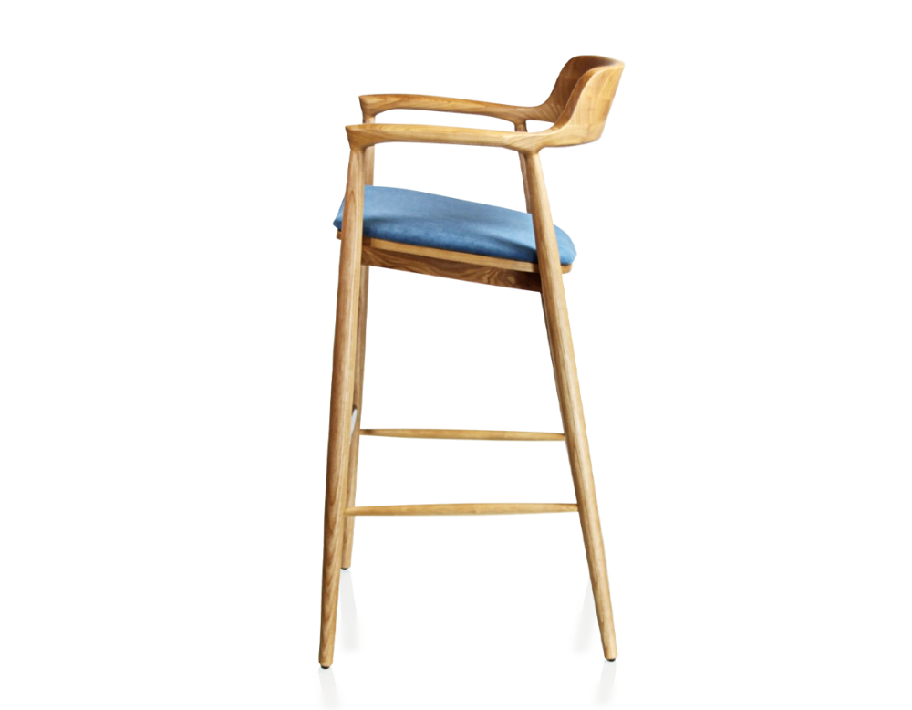 Tabouret de bar h80 cm bois teinte naturelle assise tissu bleu jean