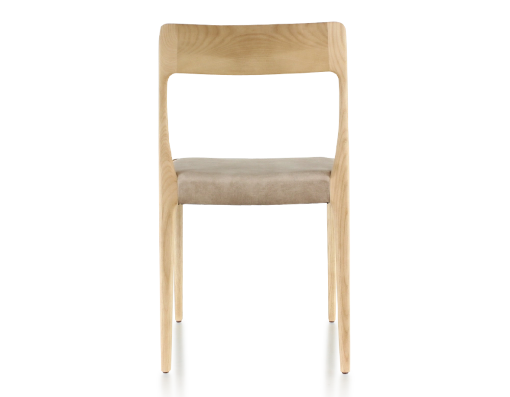 Chaise scandinave bois teinte naturelle assise tissu velours taupe clair