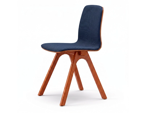 Chaise design en chêne tapissé bois teinte merisier assise tissu bleu marine