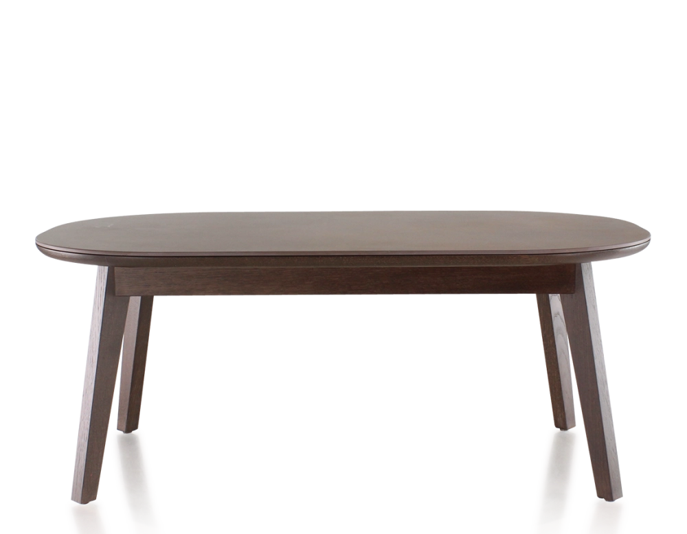 Table basse ovale en chêne et céramique avec bois teinte marron foncé plateau céramique brun oxydé 100x60 cm