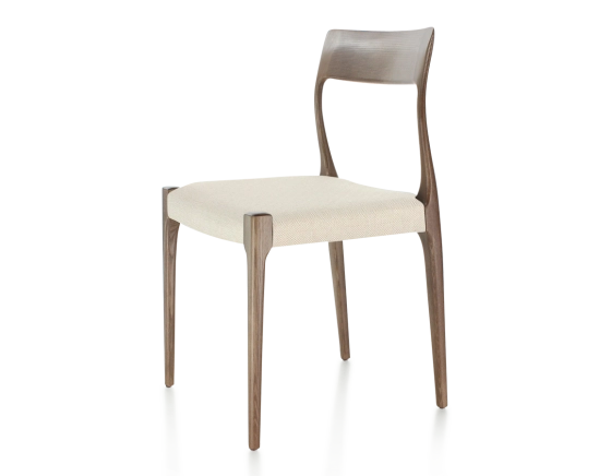 Chaise scandinave bois teinte marron foncé assise tissu chevron beige