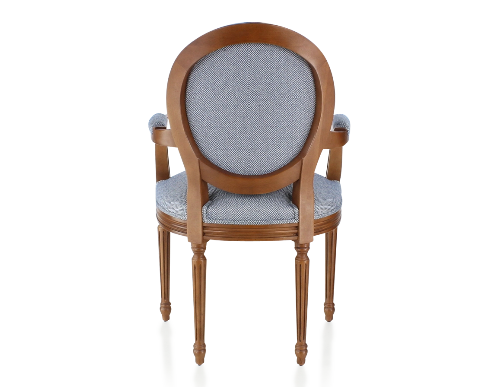 Antique Louis XVI style armchair with armrests aged wood stain and blue chevron fabric