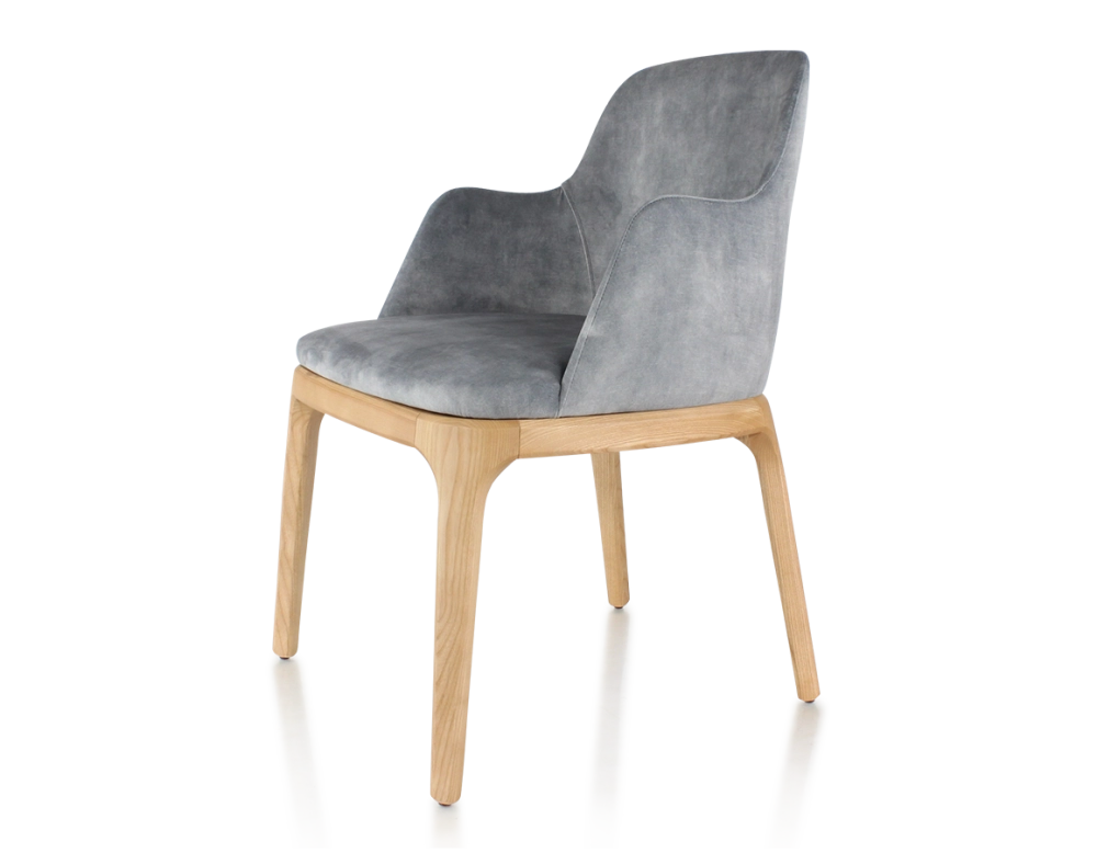 Chaise design avec accoudoirs bois teinte naturelle et tissu velours gris