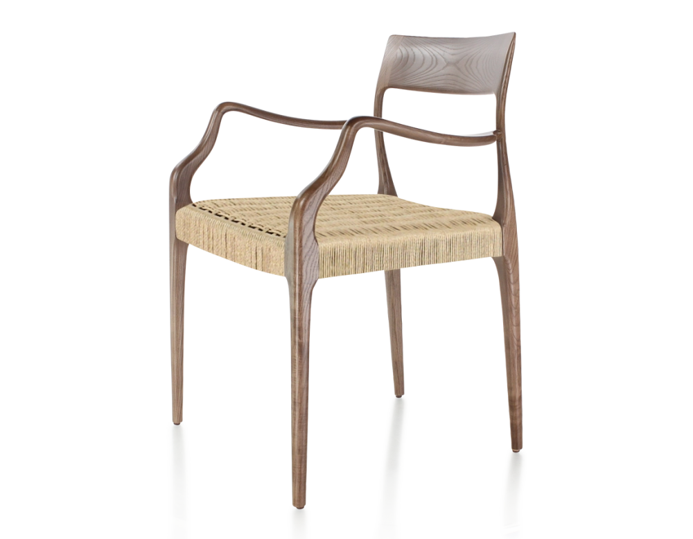 Chaise scandinave avec accoudoirs bois teinte marron foncé assise corde