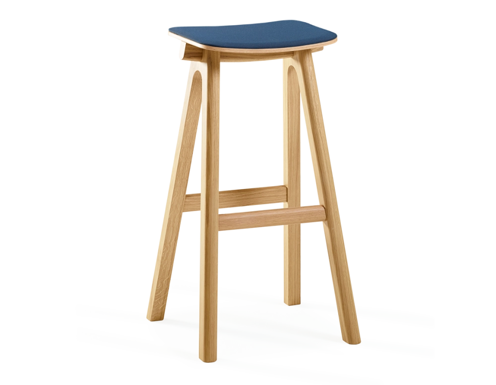 Upholstered oak bar stool H80 cm natural tint wood, navy blue fabric seat