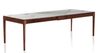 Table extensible 8 à 12 personnes en noyer et céramique allonges céramique avec bois teinte naturelle et plateau et allonges céramique effet marbre blanc 180x100 cm