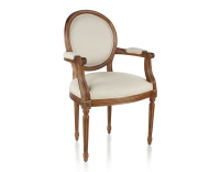 Antique Louis XVI style armchair with armrests wood stained in antique style and beige chevron fabric