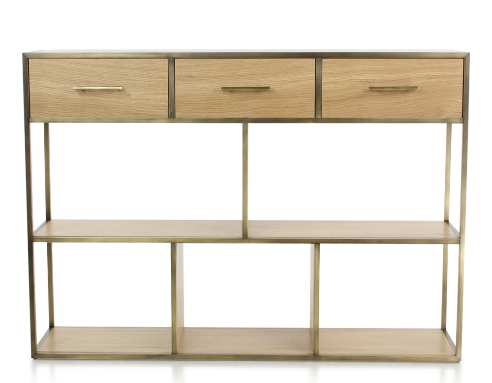 Console design natural stained ash and brass patina metal