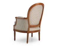 Fauteuil bergère style Louis XVI bois teinte ancienne et tissu pied de poule blanc et taupe