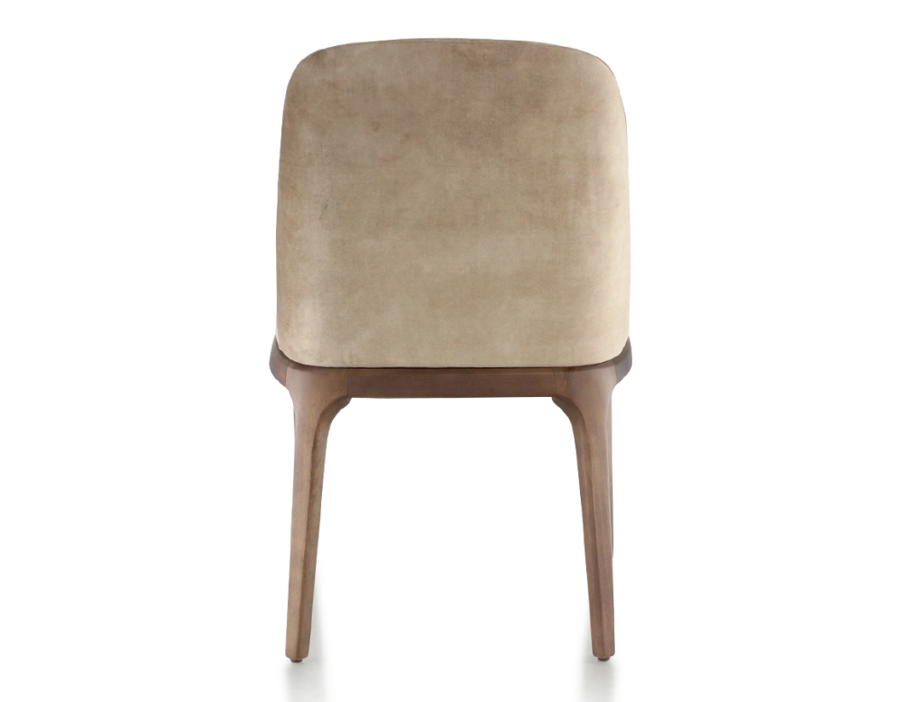 Designer chair dark brown stained wood and light taupe velvet fabric