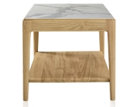 Table basse rectangulaire en chêne et céramique avec tablette en bois teinte naturelle plateau céramique effet marbre blanc 100x50 cm