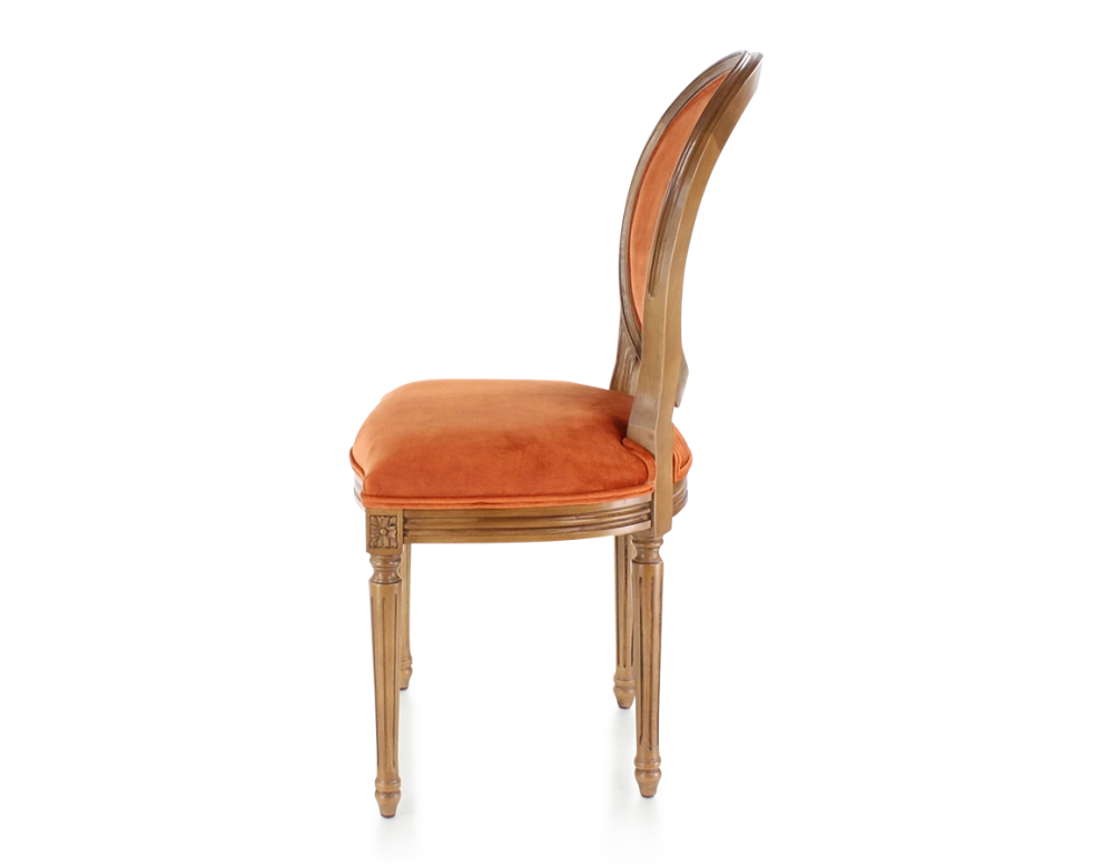 Silla antigua estilo Luis XVI madera con tinte envejecido y tejido de terciopelo terracota