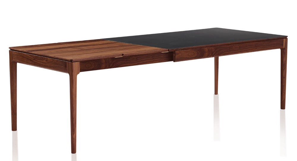 Table extensible 6 à 10 personnes en noyer et céramique allonges bois avec bois teinte naturelle et plateau céramique noir unie 140x90 cm