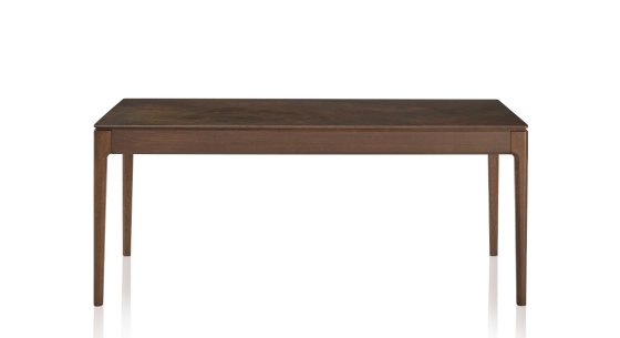 Table salle à manger en chêne et céramique 8 personnes avec bois teinte marron foncé et plateau céramique brun oxydé 210x100 cm