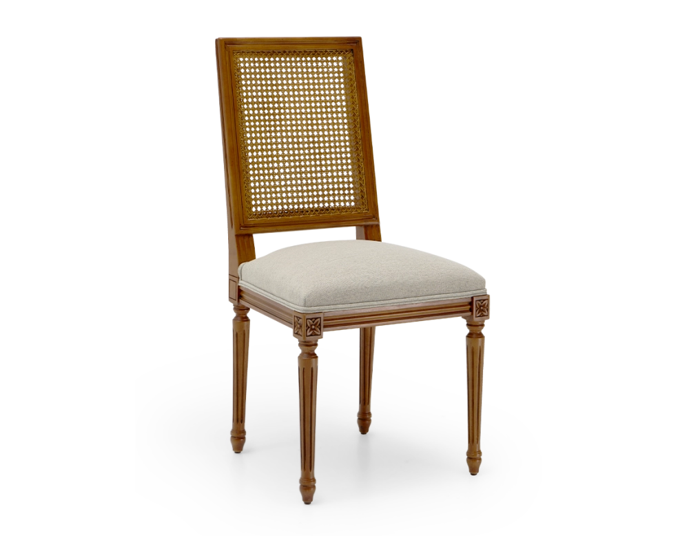 Louis XVI style antique chair cane back chair with natural beige fabric seat