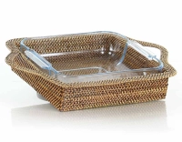 Plat pyrex carré avec support en fleur de rotin