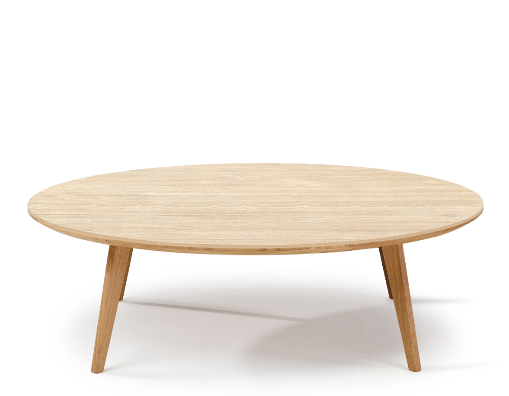 Table basse ronde F1 en chêne et céramique bois teinte naturelle plateau céramique effet pierre travertin 120x120x40 cm