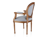 Antique Louis XVI style armchair with armrests aged wood stain and blue chevron fabric