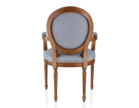 Antique Louis XVI style armchair with armrests aged wood stain and blue chevron fabric