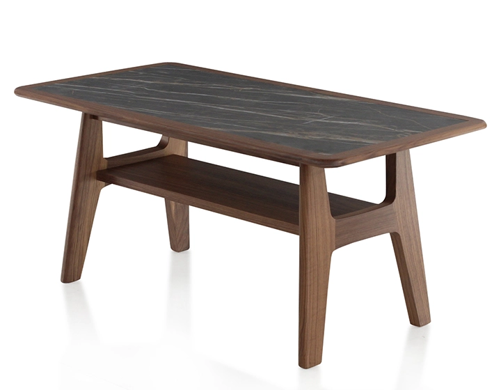 Table basse rectangulaire en chêne et céramique avec bois teinte marron foncé plateau céramique effet marbre noir 100x50 cm