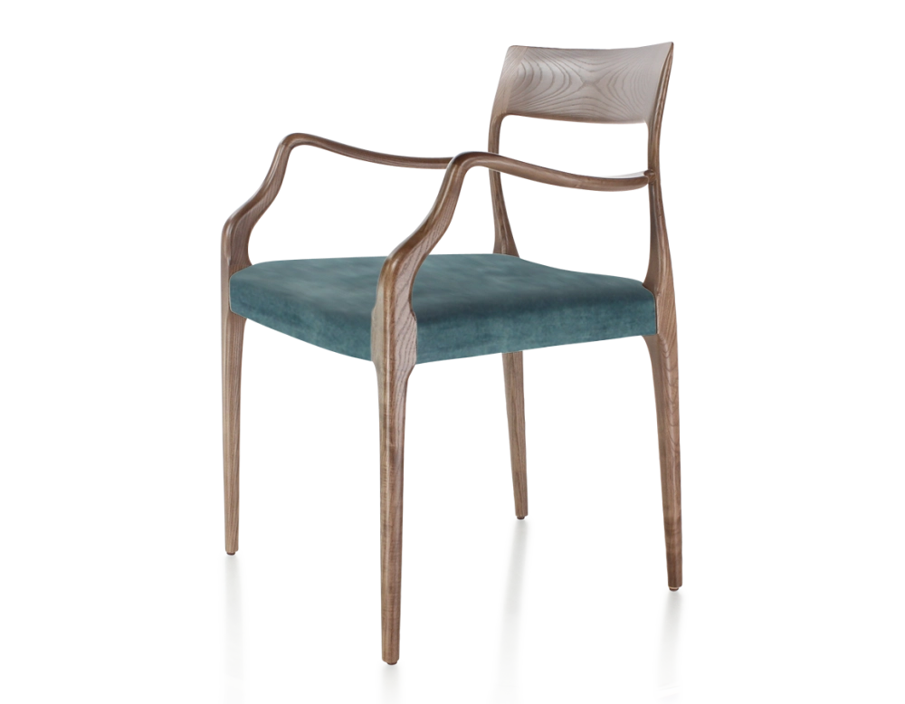 Chaise scandinave avec accoudoirs bois teinte marron foncé assise tissu velours bleu pétrole