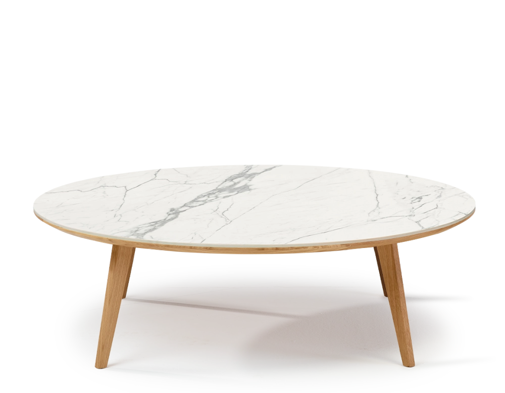 Table basse ronde F1 en chêne et céramique bois teinte naturelle plateau céramique effet marbre blanc 90x90x30 cm
