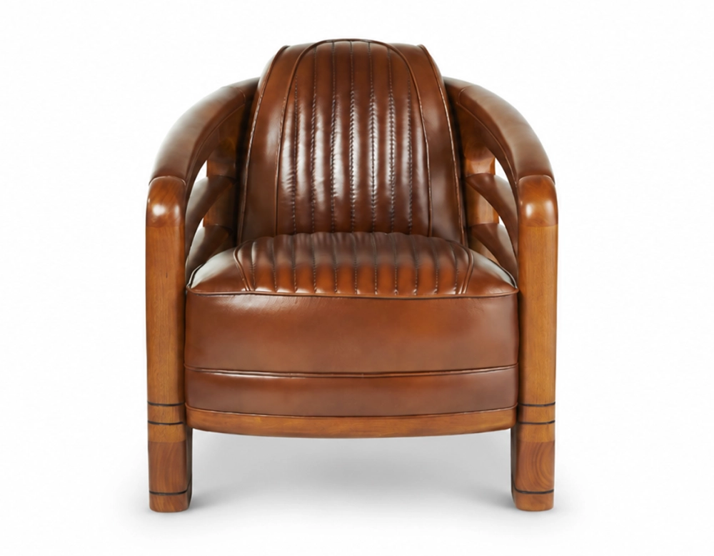 Fauteuil club bois et cuir marron vintage