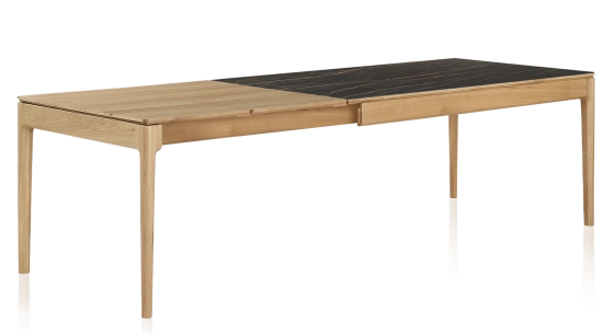 Table extensible 8 à 12 personnes en chêne et céramique allonges bois avec bois teinte naturelle et plateau céramique effet marbre noir 210x100 cm