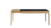 Table extensible 8 à 12 personnes en chêne et céramique allonges bois avec bois teinte naturelle et plateau céramique noir unie 210x100 cm