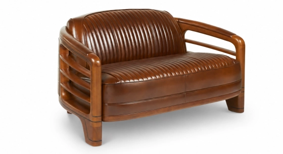 Canapé club bois et cuir 2 places marron vintage