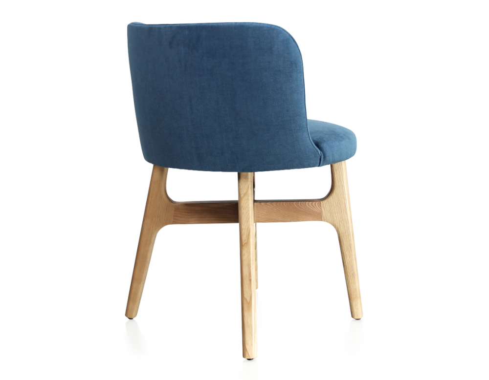 Designer chair natural tint wood, denim blue fabric seat