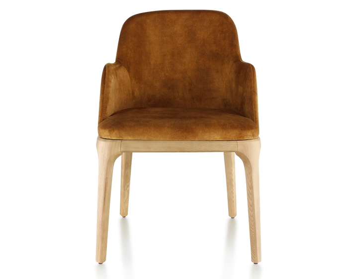 Designer chair with armrests natural stained wood and bronze velvet fabric