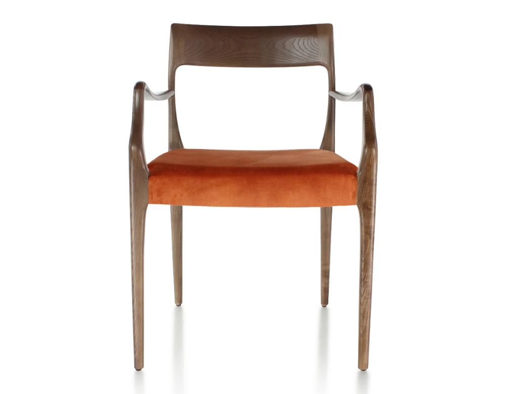 Chaise scandinave avec accoudoirs bois teinte marron foncé assise tissu velours terracotta