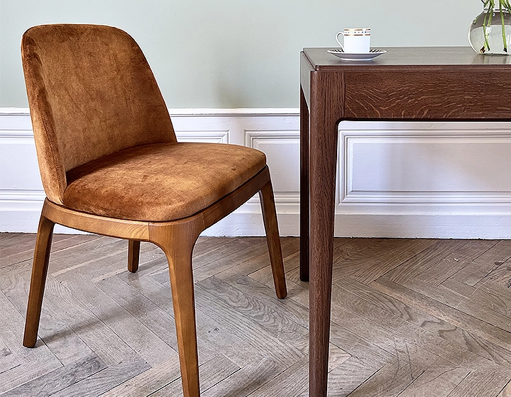 Designer chair Cherry-stained wood and bronze velvet fabric