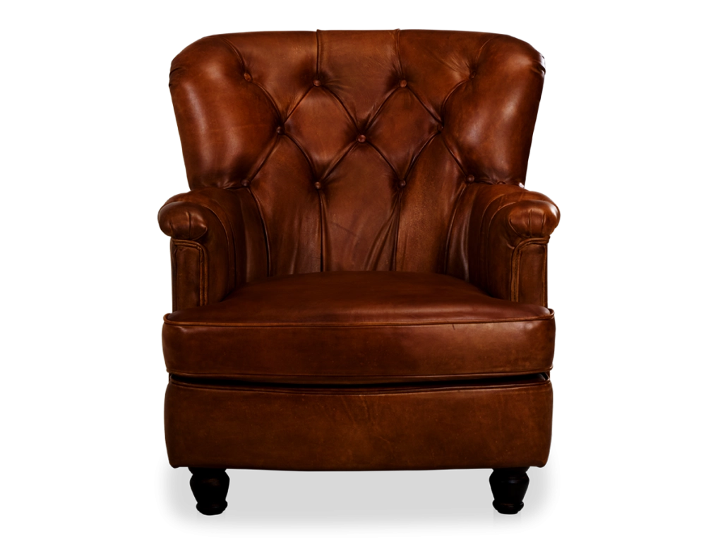 Fauteuil Chesterfield cuir marron vintage moyen dossier