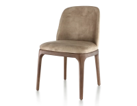 Designer chair dark brown stained wood and light taupe velvet fabric