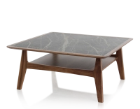 Table basse carré en noyer et céramique bois teinte naturelle plateau céramique effet marbre noir 100x100 cm