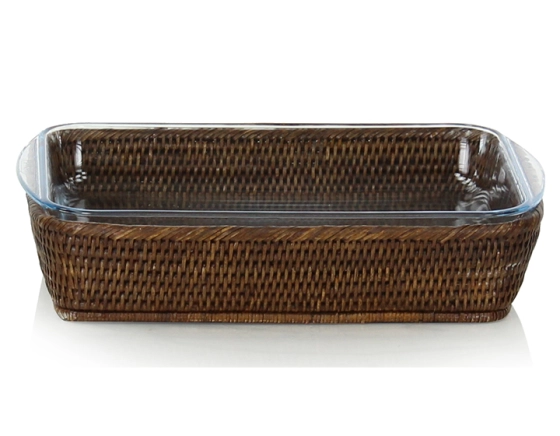 Plat pyrex rectangulaire avec support en rotin brun