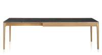 Table extensible 8 à 12 personnes en chêne et céramique allonges céramique avec bois teinte naturelle et plateau et allonges céramique effet marbre noir 210x100 cm