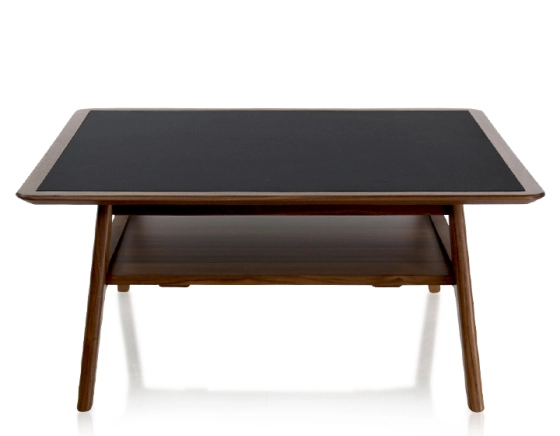 Table basse carrée en noyer et céramique bois teinte naturelle plateau céramique noir unie 100x100 cm