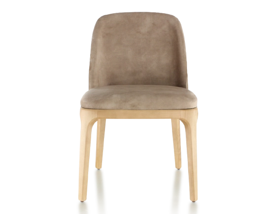 Silla de diseño madera en tinte natural y tejido de terciopelo topo claro